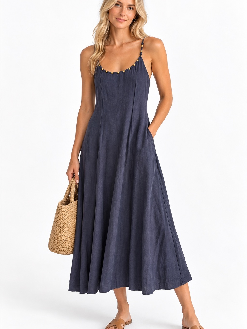 Calypso St. Barth Navy Beaded Linen Blend Midi Maxi Dress Size S